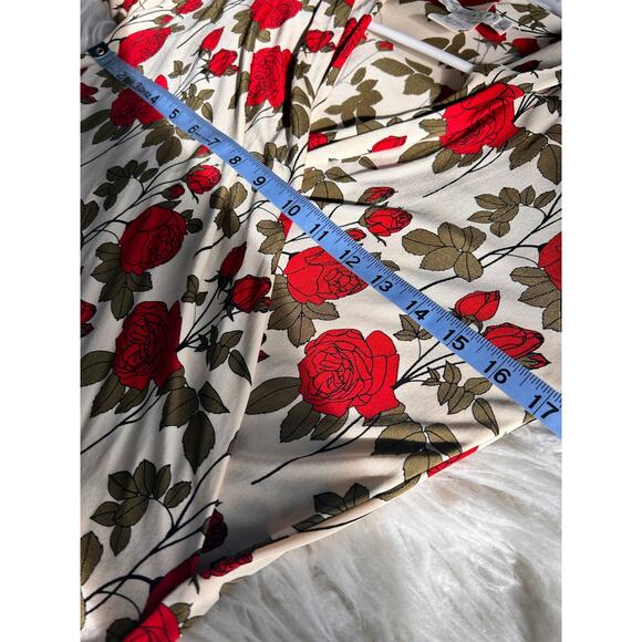 Doncaster Womens Floral-Print V-Neck Faux Wrap Blouse Top Romanticvibe Red Cream - Picture 7 of 8